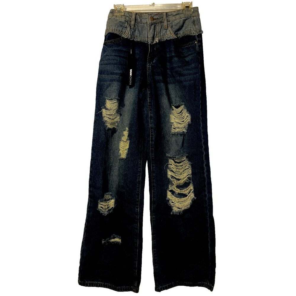 Fashion Nova Two Tone Double Waistband Distressed Wide Leg Jeans Medium Wash 3